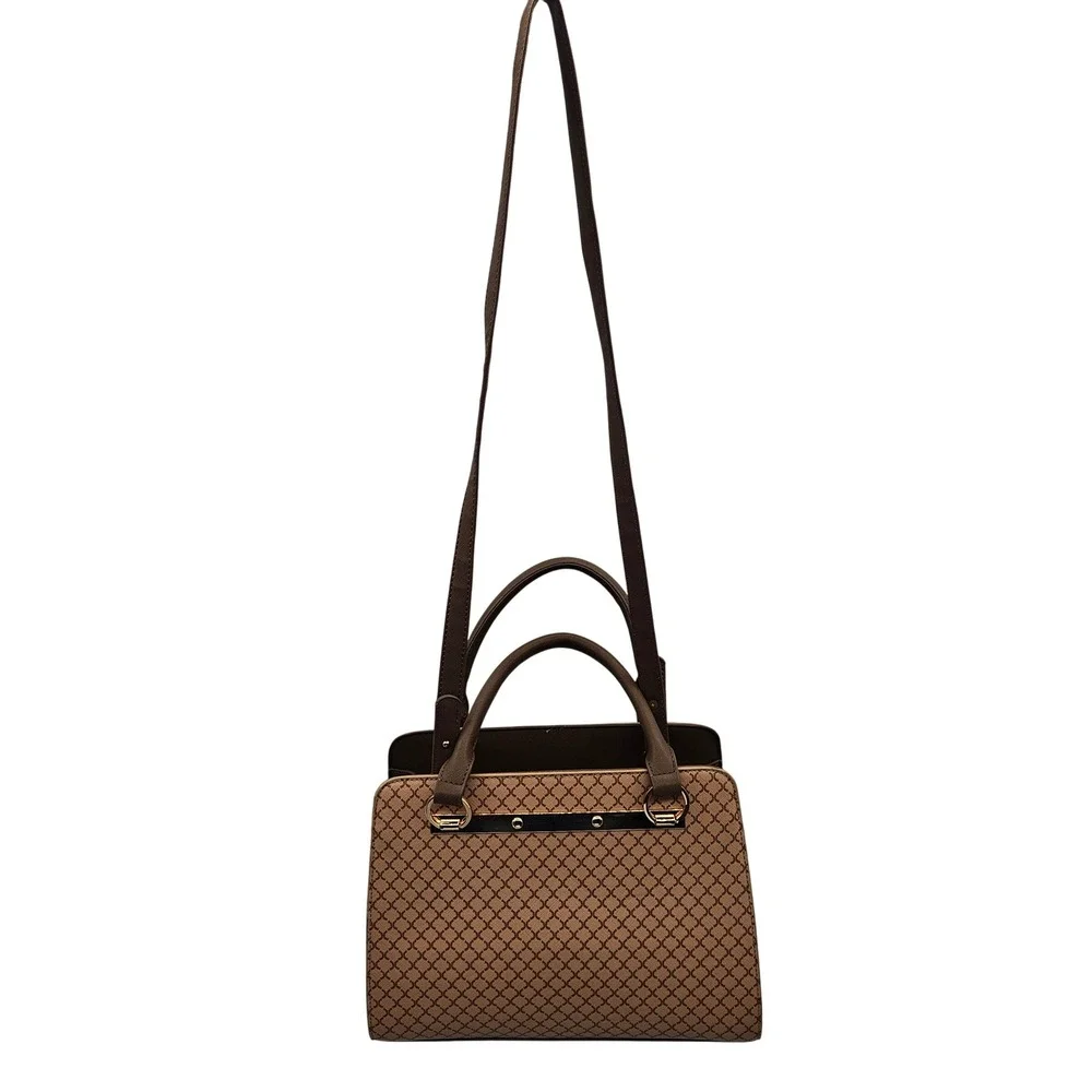 Crossi Brown Tan Geometric Lattice Satchel Double‎ Compartment Crossbody Bag